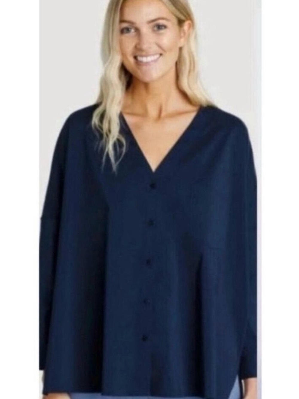 Kit And Ace Oversized Boxy V Neck Button Down Top Blouse Shirt Navy Size XS